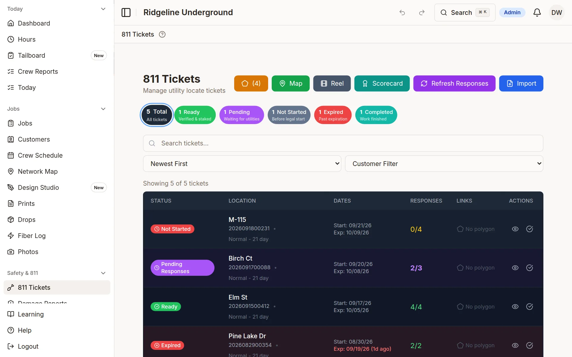 The 811 Tickets page: every ticket by status, with utility responses and days to expiration