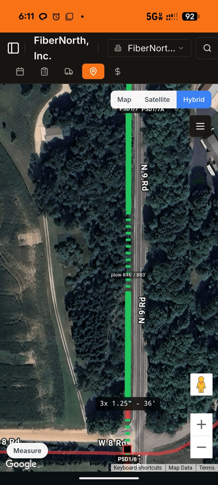 Bore-ON Central network map showing an installed plow run along N 9 Rd, 846 of 883 feet complete